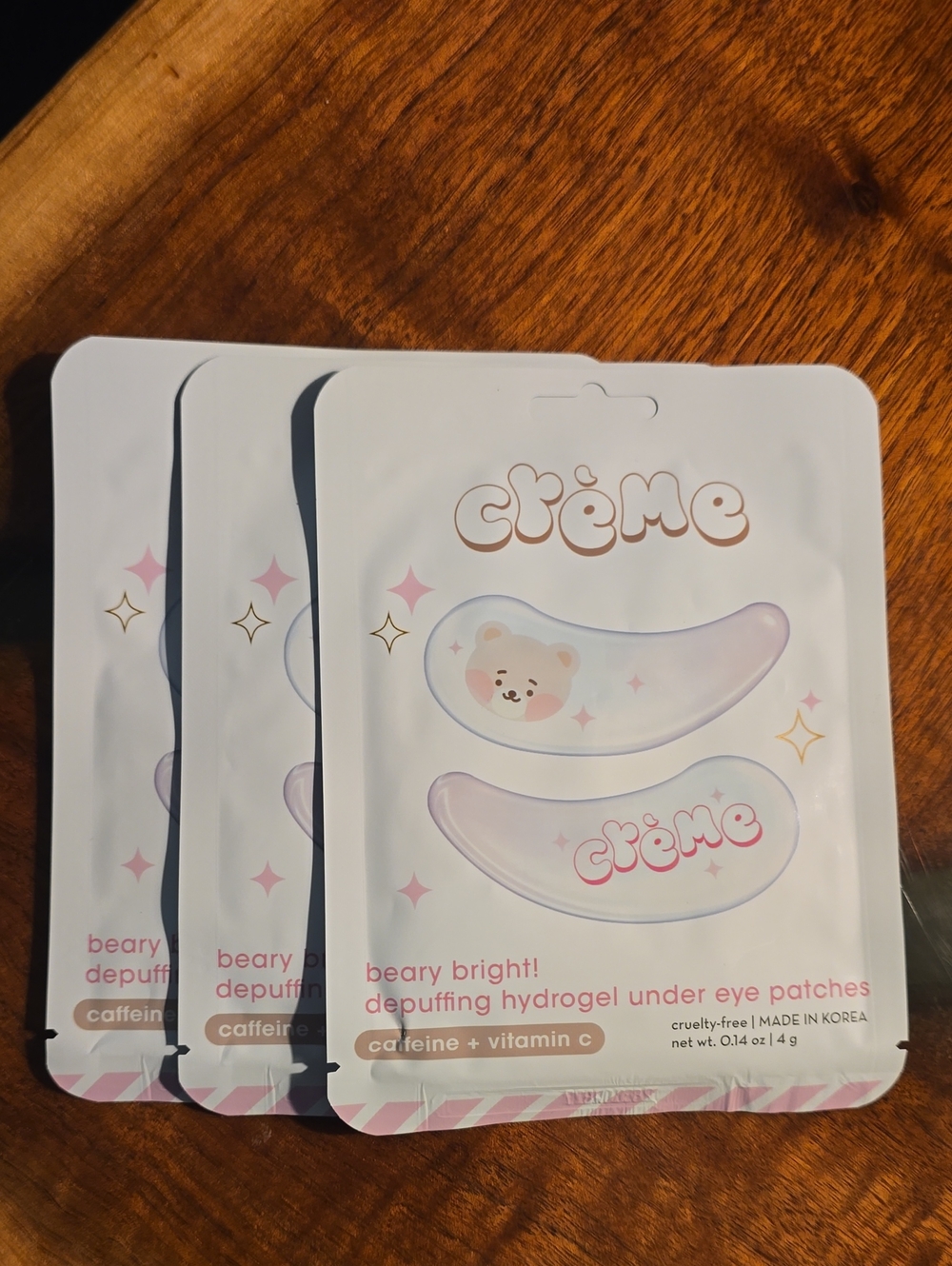 3 Pack Crème Beary Bright Pink Depuffing Hydrogel Eye Patches